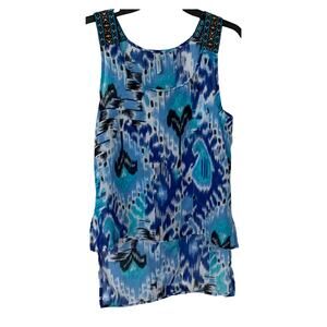EVENT HIGH-LOW SLEEVELESS BLOUSE, WOMENS, M, SHADES OF BLUE, B&W, FREE-FLOWING